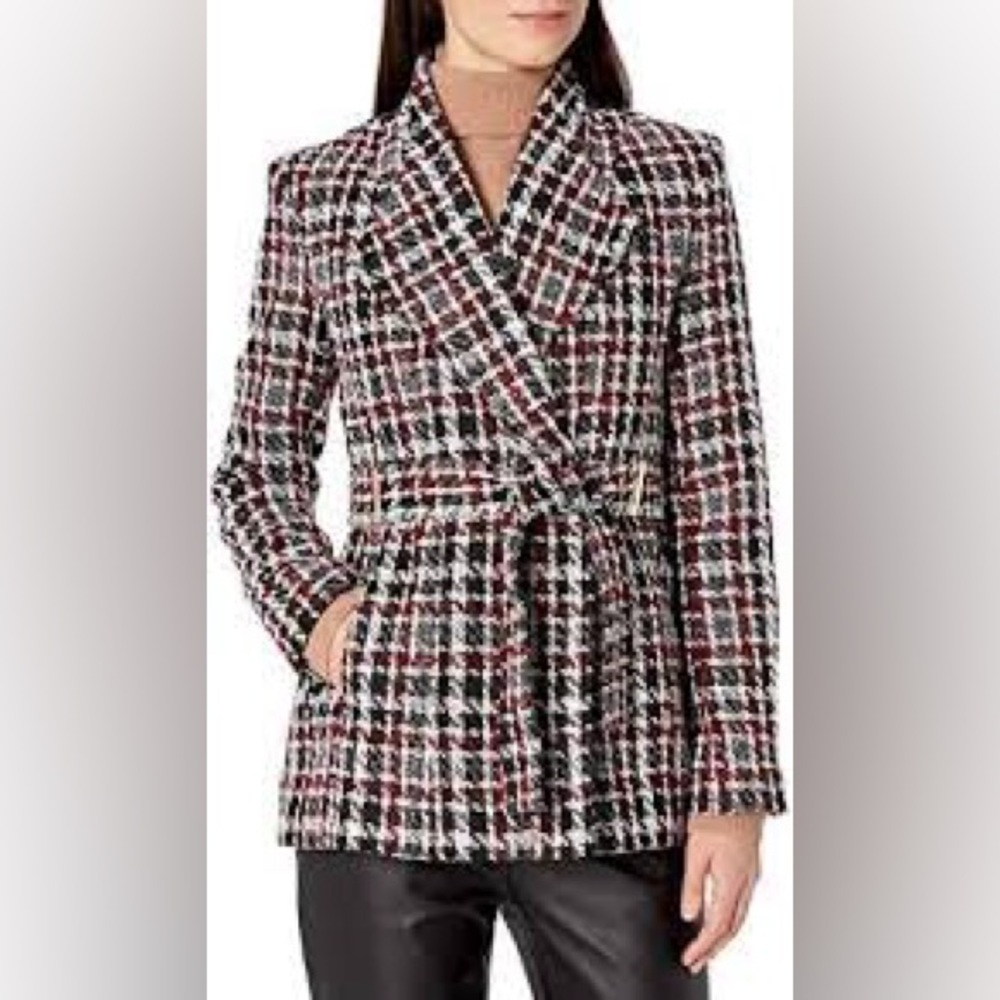 Calvin Klein Belted Tweed Jacket | Black/Red/White Plaid | Size 12